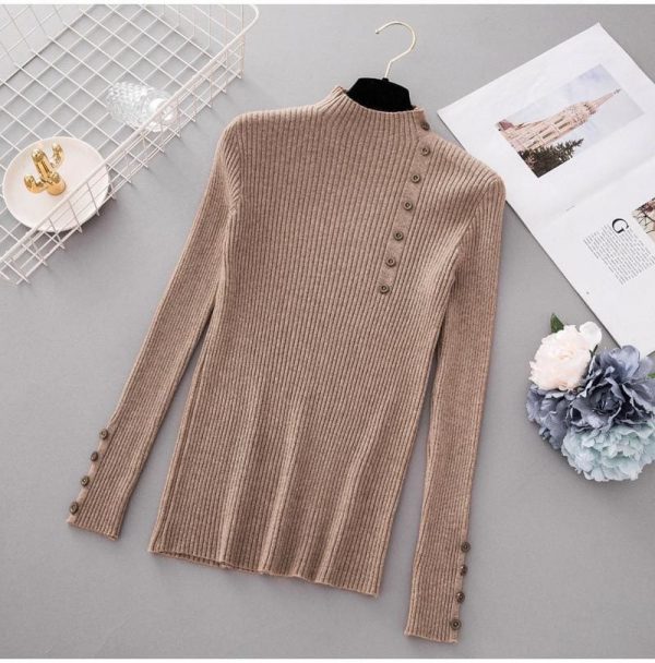 The Best Button Turtleneck Sweater Women Spring Autumn Knitted Pullover Sweater Online - Takalr