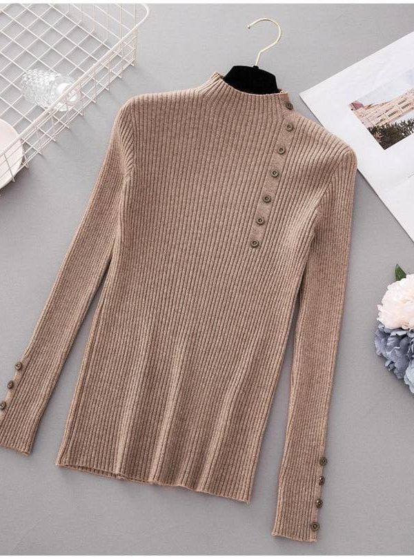 The Best Button Turtleneck Sweater Women Spring Autumn Knitted Pullover Sweater Online - Takalr