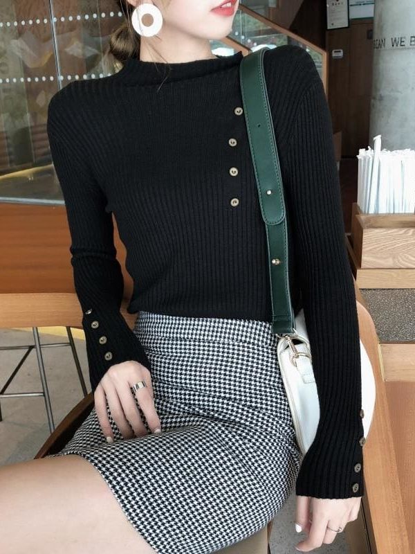 The Best Button Turtleneck Sweater Women Spring Autumn Knitted Pullover Sweater Online - Takalr