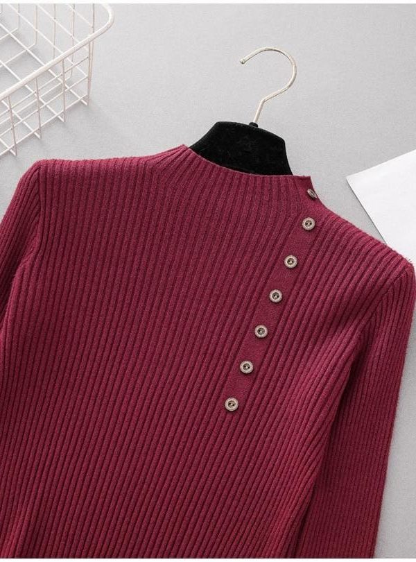 The Best Button Turtleneck Sweater Women Spring Autumn Knitted Pullover Sweater Online - Takalr