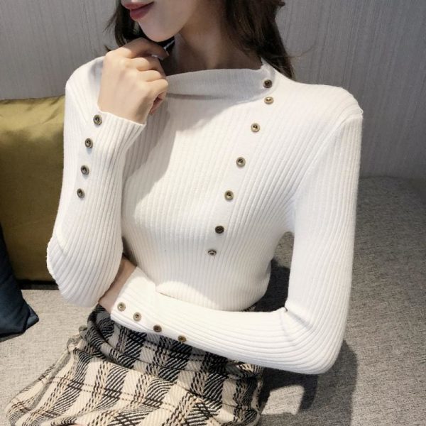 The Best Button Turtleneck Sweater Women Spring Autumn Knitted Pullover Sweater Online - Takalr