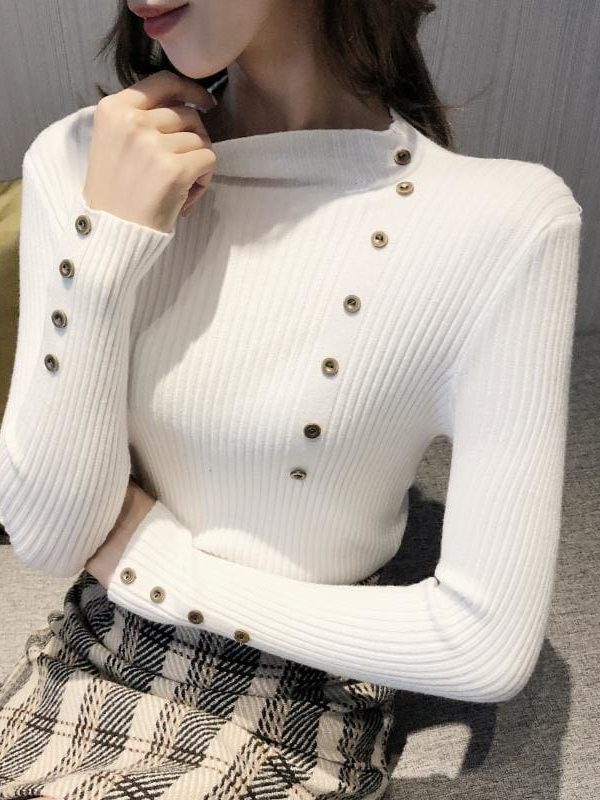 The Best Button Turtleneck Sweater Women Spring Autumn Knitted Pullover Sweater Online - Takalr