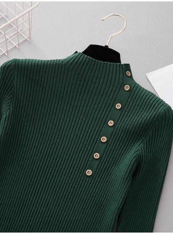 The Best Button Turtleneck Sweater Women Spring Autumn Knitted Pullover Sweater Online - Takalr