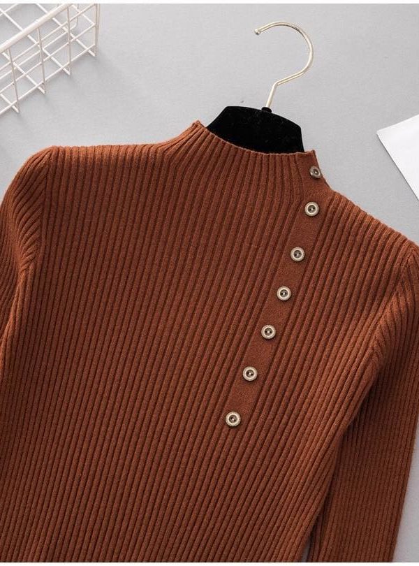 The Best Button Turtleneck Sweater Women Spring Autumn Knitted Pullover Sweater Online - Takalr