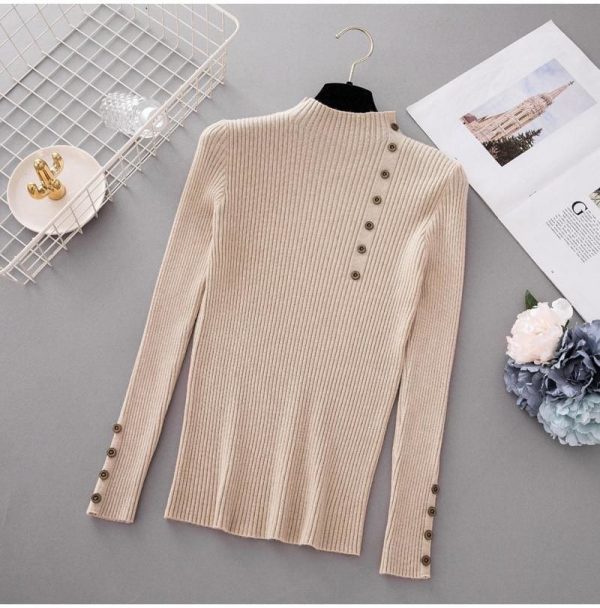 The Best Button Turtleneck Sweater Women Spring Autumn Knitted Pullover Sweater Online - Takalr