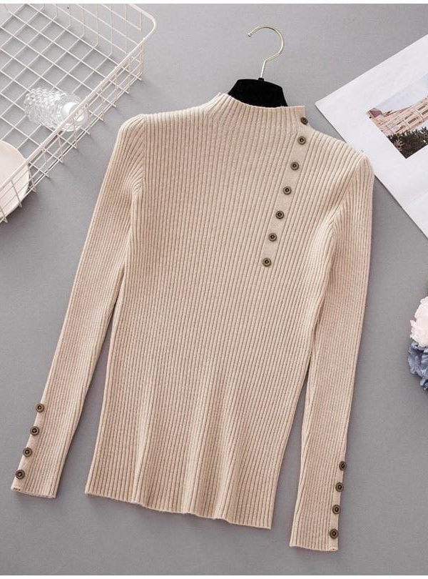 The Best Button Turtleneck Sweater Women Spring Autumn Knitted Pullover Sweater Online - Takalr