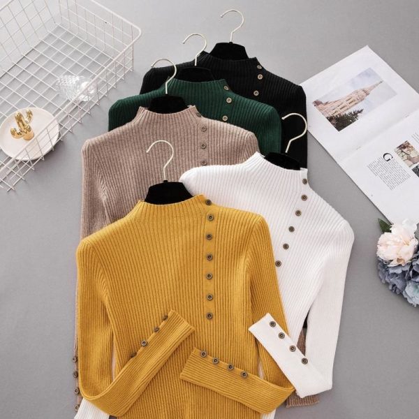 The Best Button Turtleneck Sweater Women Spring Autumn Knitted Pullover Sweater Online - Takalr