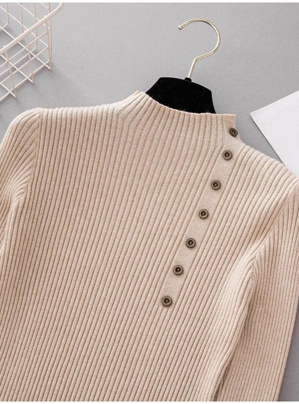 The Best Button Turtleneck Sweater Women Spring Autumn Knitted Pullover Sweater Online - Takalr