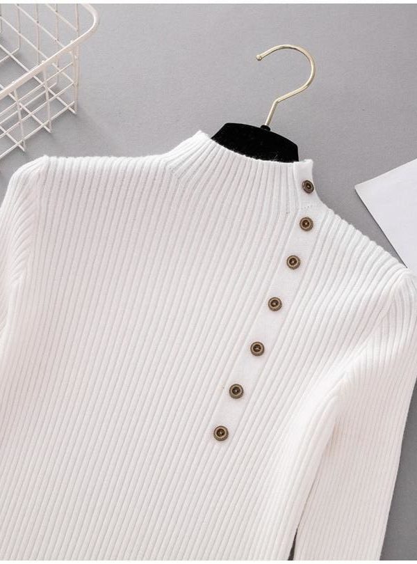 The Best Button Turtleneck Sweater Women Spring Autumn Knitted Pullover Sweater Online - Takalr