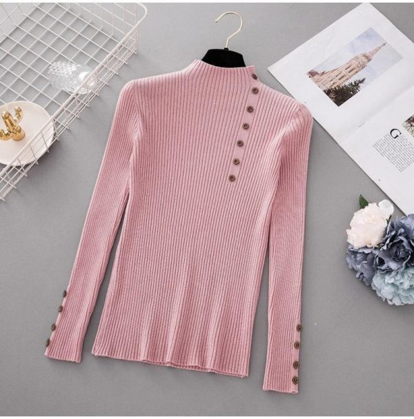 The Best Button Turtleneck Sweater Women Spring Autumn Knitted Pullover Sweater Online - Takalr