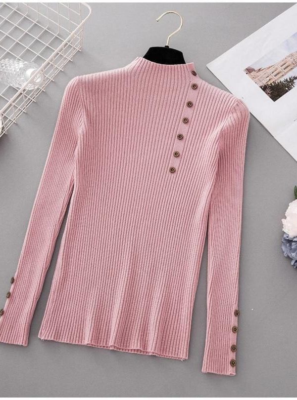 The Best Button Turtleneck Sweater Women Spring Autumn Knitted Pullover Sweater Online - Takalr