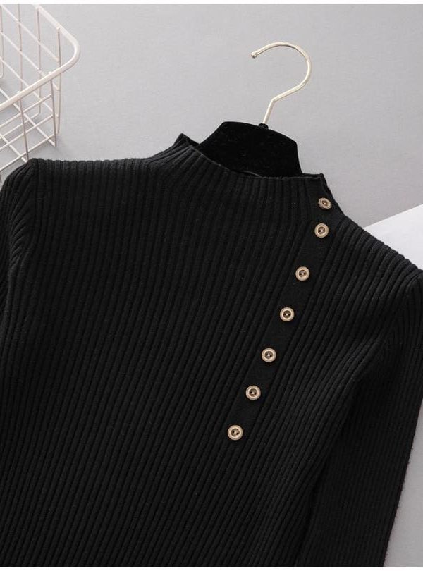 The Best Button Turtleneck Sweater Women Spring Autumn Knitted Pullover Sweater Online - Takalr