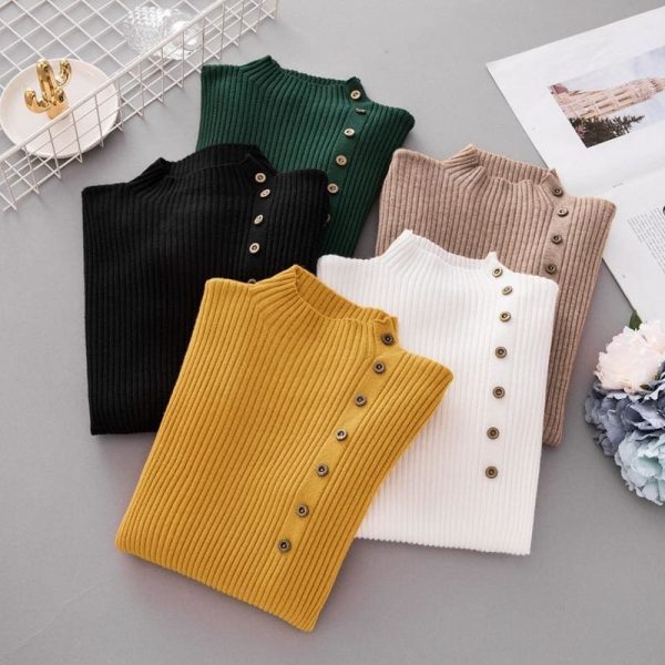 The Best Button Turtleneck Sweater Women Spring Autumn Knitted Pullover Sweater Online - Takalr