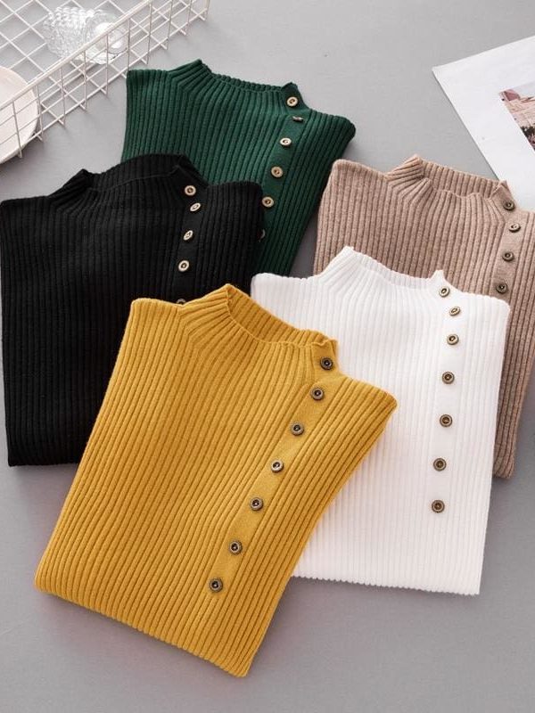 The Best Button Turtleneck Sweater Women Spring Autumn Knitted Pullover Sweater Online - Takalr