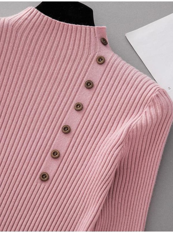 The Best Button Turtleneck Sweater Women Spring Autumn Knitted Pullover Sweater Online - Takalr