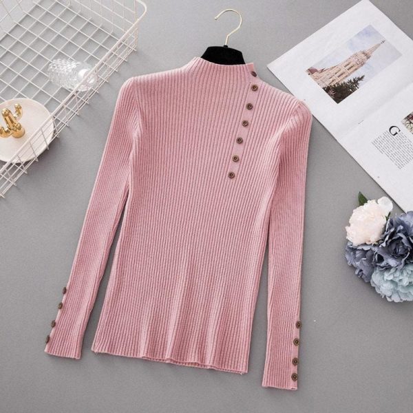 The Best Button Turtleneck Sweater Women Spring Autumn Knitted Pullover Sweater Online - Takalr