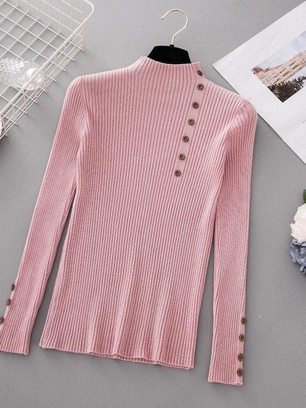 The Best Button Turtleneck Sweater Women Spring Autumn Knitted Pullover Sweater Online - Takalr