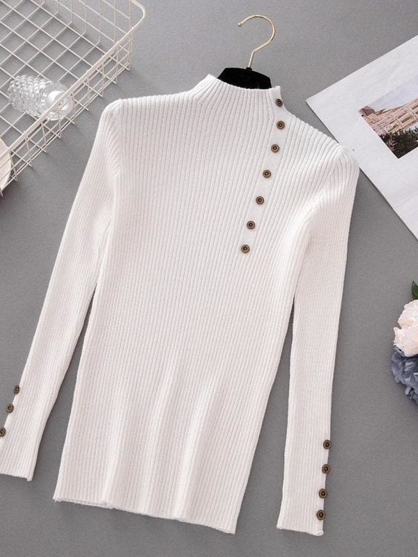 The Best Button Turtleneck Sweater Women Spring Autumn Knitted Pullover Sweater Online - Takalr