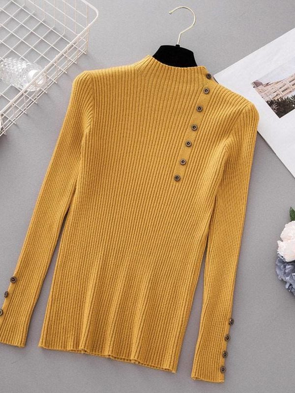 The Best Button Turtleneck Sweater Women Spring Autumn Knitted Pullover Sweater Online - Takalr