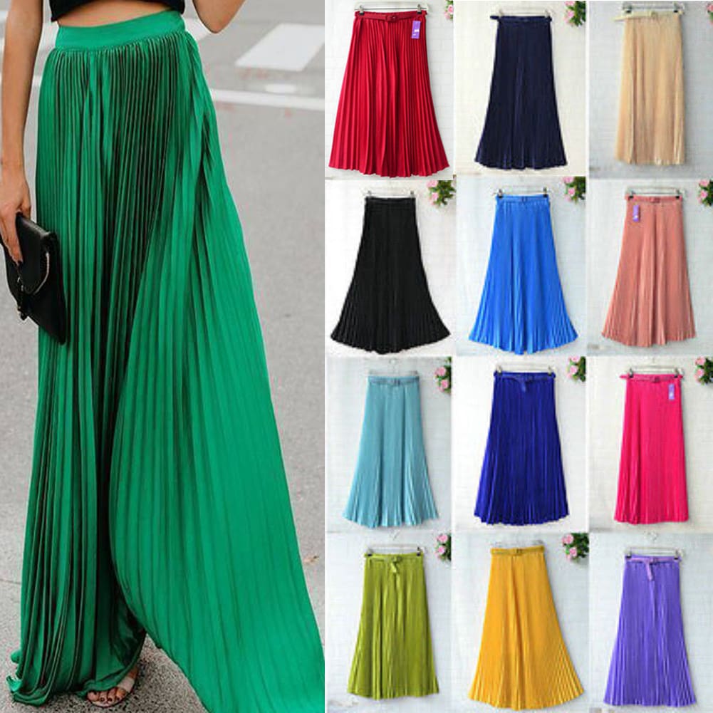 New Summer Women Ladies Elegant Long Skirt Retro Maxi Chiffon High Waist Solid Casual Pleated Beach Long Skirt Sundress