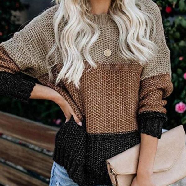 The Best Casual Knitted Color Block Sweater Women Jumper Loose Colorful Striped Sweaters Pullovers Winter Fluffy Sweater Online - Takalr