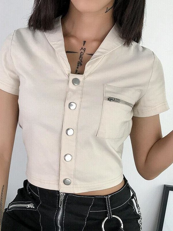 The Best Casual Tank Tops Vest Blouse Short Sleeve Solid Button Short Crop Shirt Online - Takalr