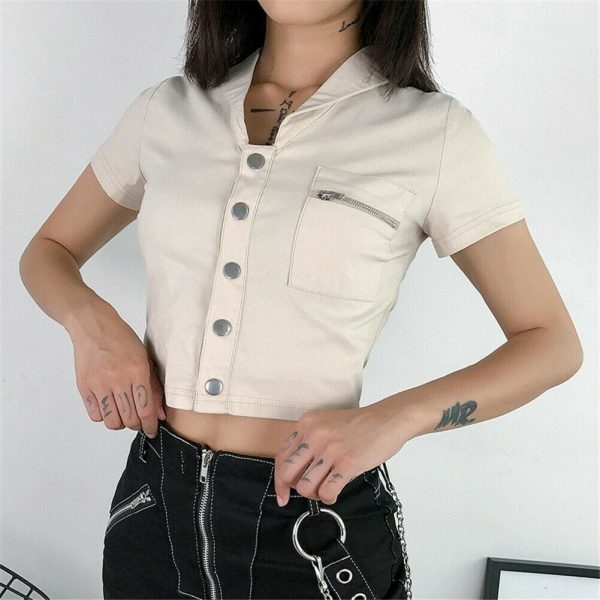 The Best Casual Tank Tops Vest Blouse Short Sleeve Solid Button Short Crop Shirt Online - Takalr