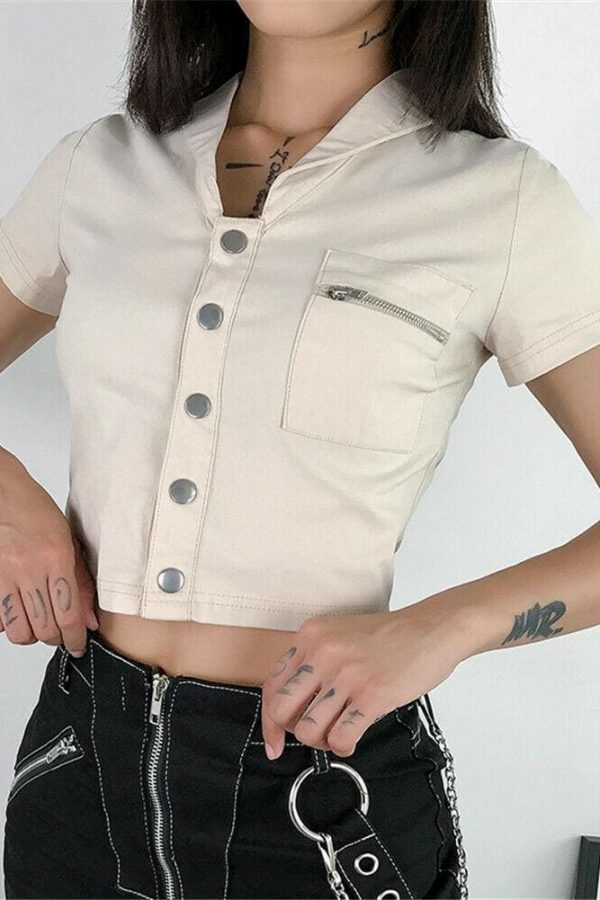 The Best Casual Tank Tops Vest Blouse Short Sleeve Solid Button Short Crop Shirt Online - Takalr