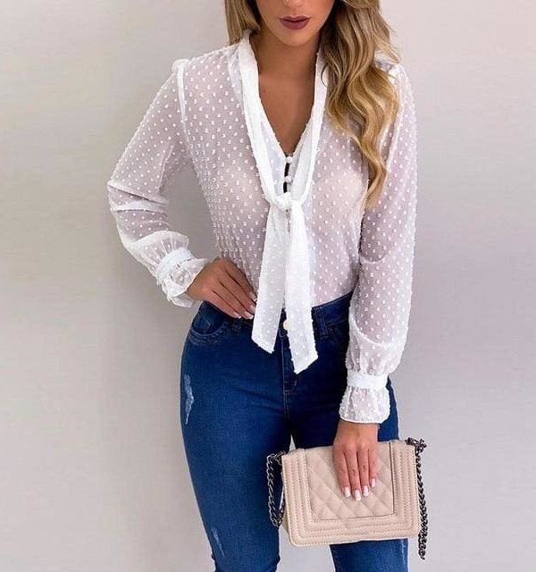 The Best Chiffon Blouses Women 2019 Autumn Fashion Long Sleeve V-neck  Blouse Online - Takalr