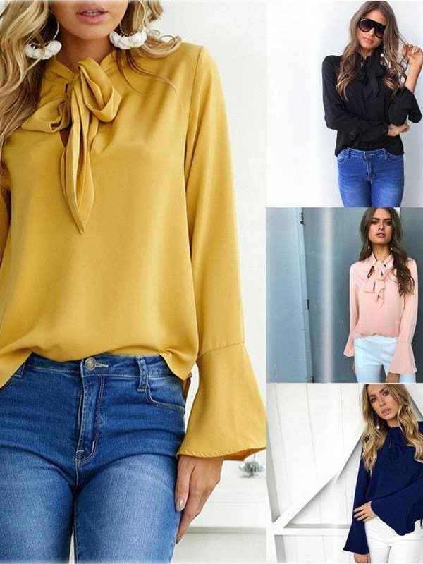 The Best Chiffon Blouses Women 2019 Autumn Fashion Long Sleeve V-neck  Blouse Online - Takalr