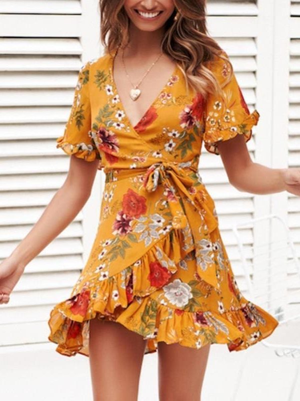 The Best Chiffon Mini Dress Women Boho Style Floral Print Summer Beach Dress Online - Source Silk