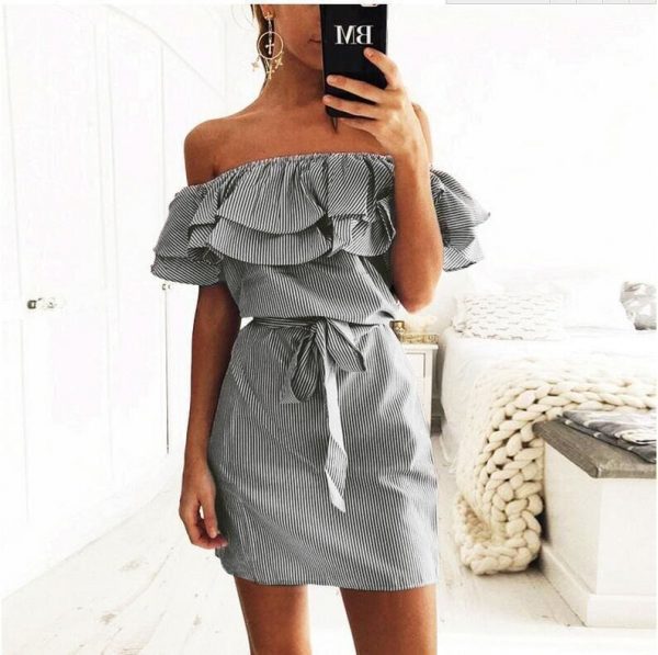 The Best Cloth Striped Sashes Summer Dress Ruffle Collar Bandage Casual Dresses Online - Source Silk