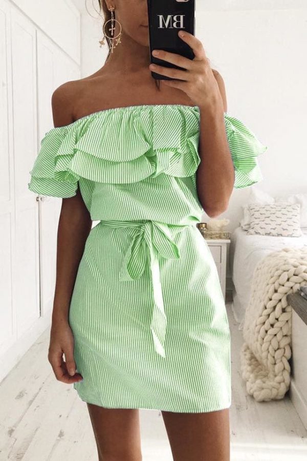 The Best Cloth Striped Sashes Summer Dress Ruffle Collar Bandage Casual Dresses Online - Source Silk