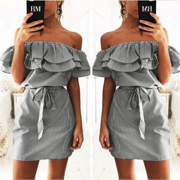 The Best Cloth Striped Sashes Summer Dress Ruffle Collar Bandage Casual Dresses Online - Source Silk