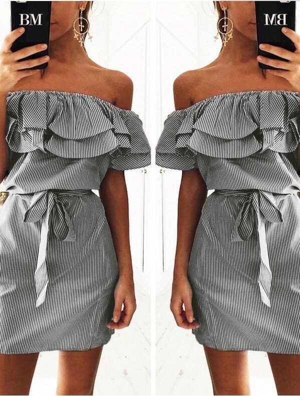 The Best Cloth Striped Sashes Summer Dress Ruffle Collar Bandage Casual Dresses Online - Source Silk