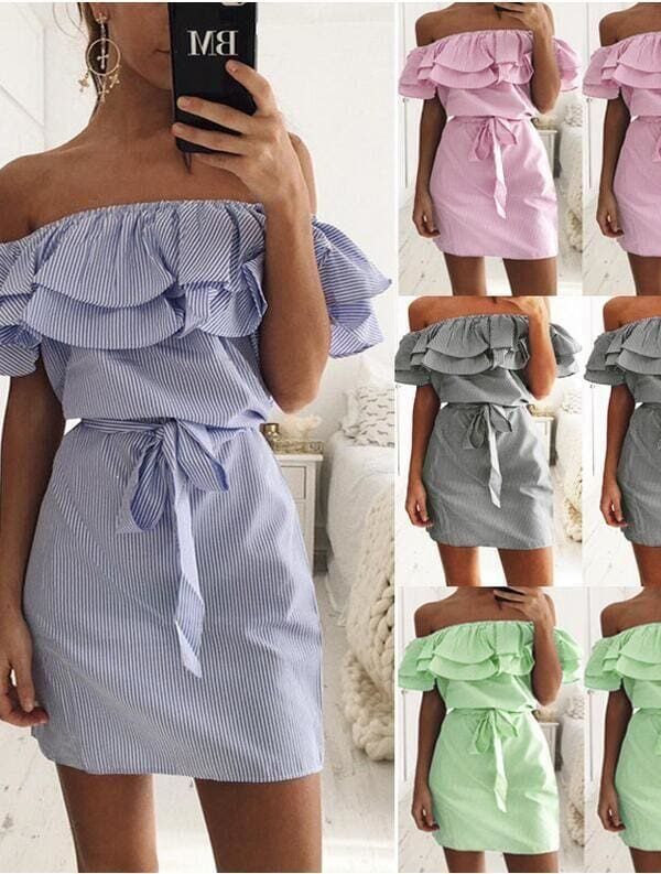 The Best Cloth Striped Sashes Summer Dress Ruffle Collar Bandage Casual Dresses Online - Source Silk