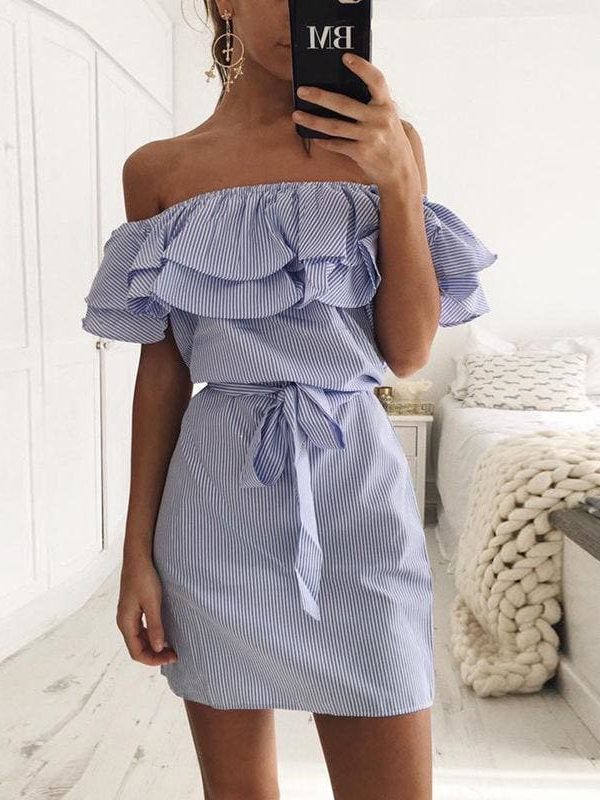 The Best Cloth Striped Sashes Summer Dress Ruffle Collar Bandage Casual Dresses Online - Source Silk