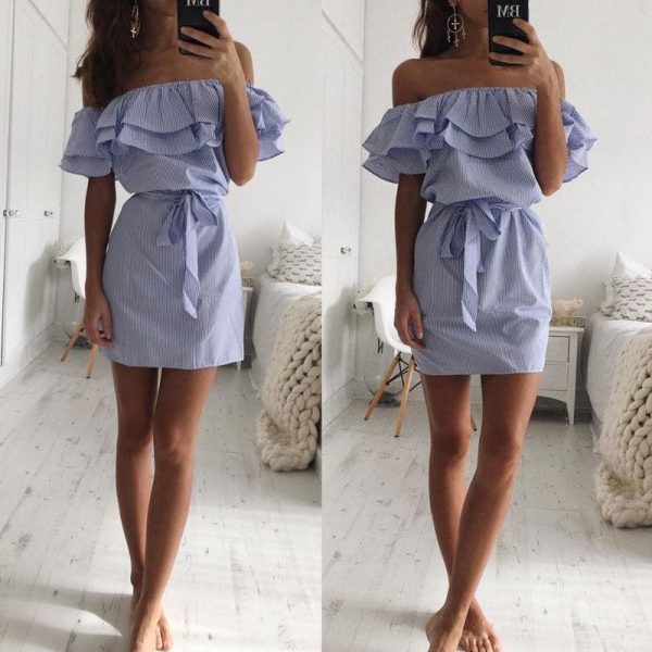 The Best Cloth Striped Sashes Summer Dress Ruffle Collar Bandage Casual Dresses Online - Source Silk