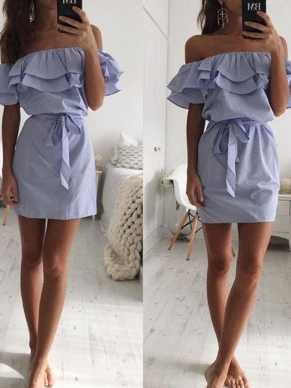 The Best Cloth Striped Sashes Summer Dress Ruffle Collar Bandage Casual Dresses Online - Source Silk