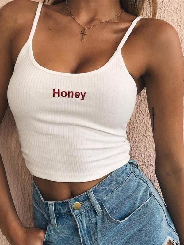 The Best Cool Girls Honey Embroidery Women Fashion Sleeveless Basic Tank Top Online - Source Silk