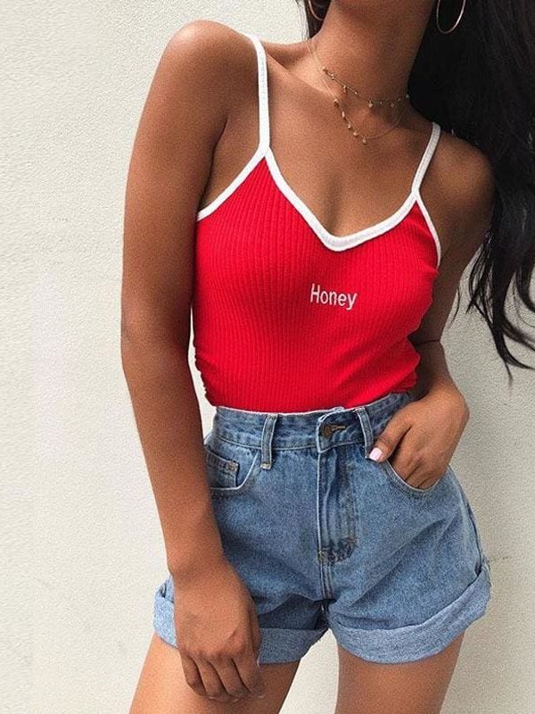 The Best Cool Girls Honey Embroidery Women Fashion Sleeveless Basic Tank Top Online - Source Silk