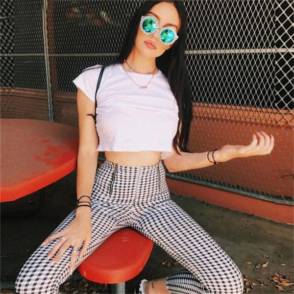 The Best Cotton Comfortable Women Plaid Pants Side Stripe Casual Elastic Pants Online - Takalr