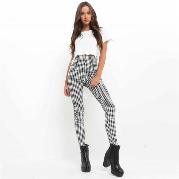 The Best Cotton Comfortable Women Plaid Pants Side Stripe Casual Elastic Pants Online - Takalr