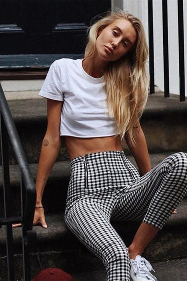 The Best Cotton Comfortable Women Plaid Pants Side Stripe Casual Elastic Pants Online - Takalr