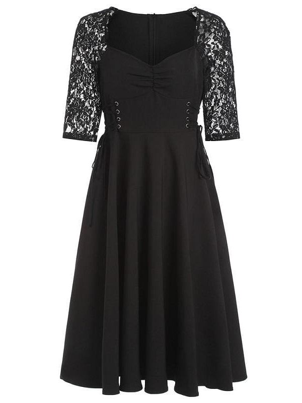 The Best Criss Cross Lace Sleeve Retro Flare Dress Online - Source Silk