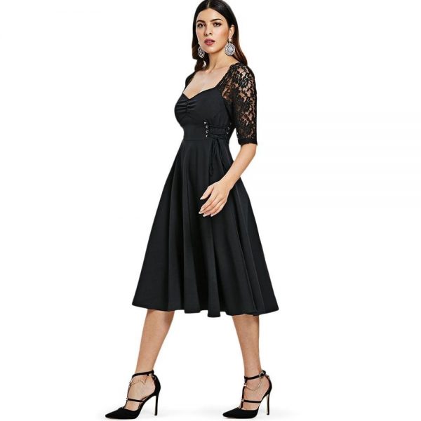 The Best Criss Cross Lace Sleeve Retro Flare Dress Online - Source Silk