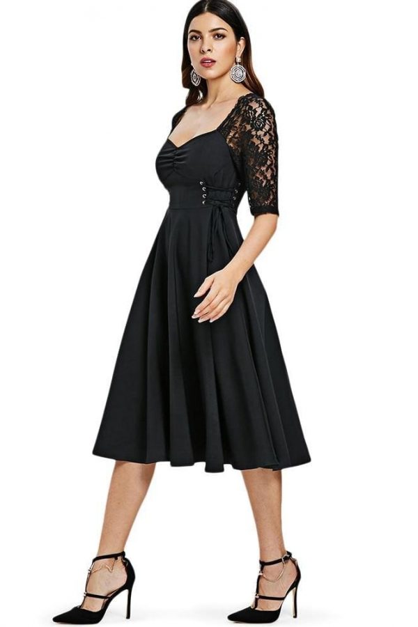 The Best Criss Cross Lace Sleeve Retro Flare Dress Online - Source Silk