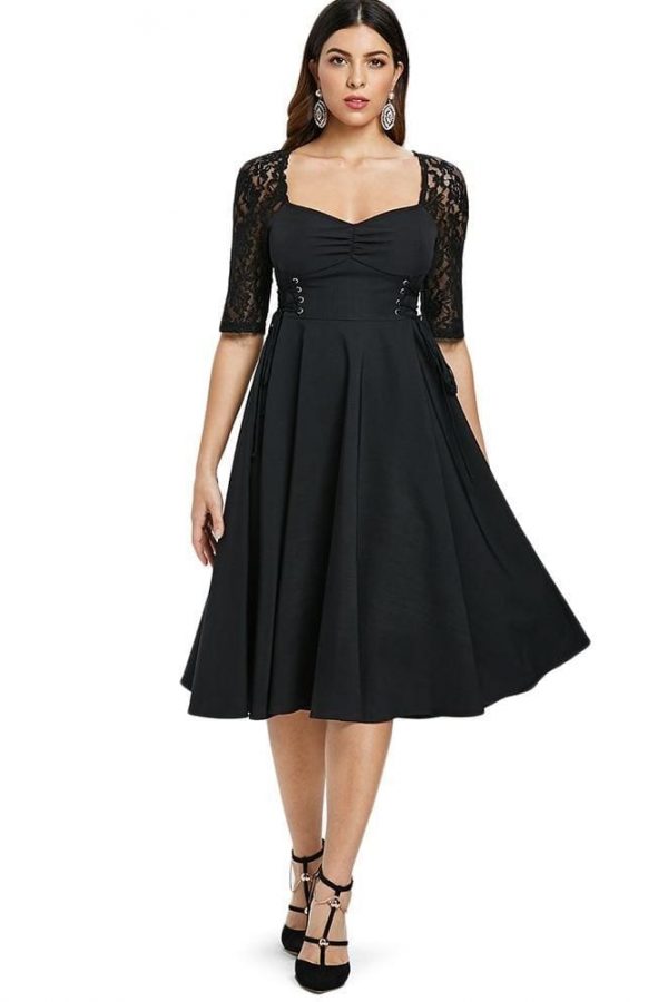 The Best Criss Cross Lace Sleeve Retro Flare Dress Online - Source Silk