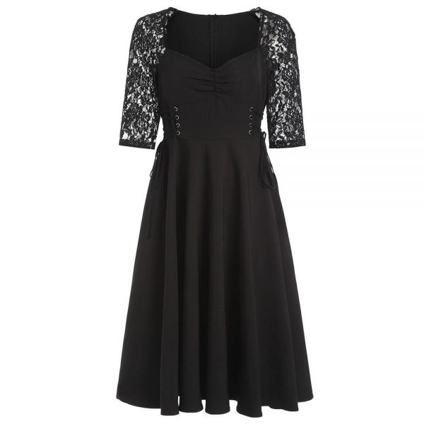 The Best Criss Cross Lace Sleeve Retro Flare Dress Online - Source Silk