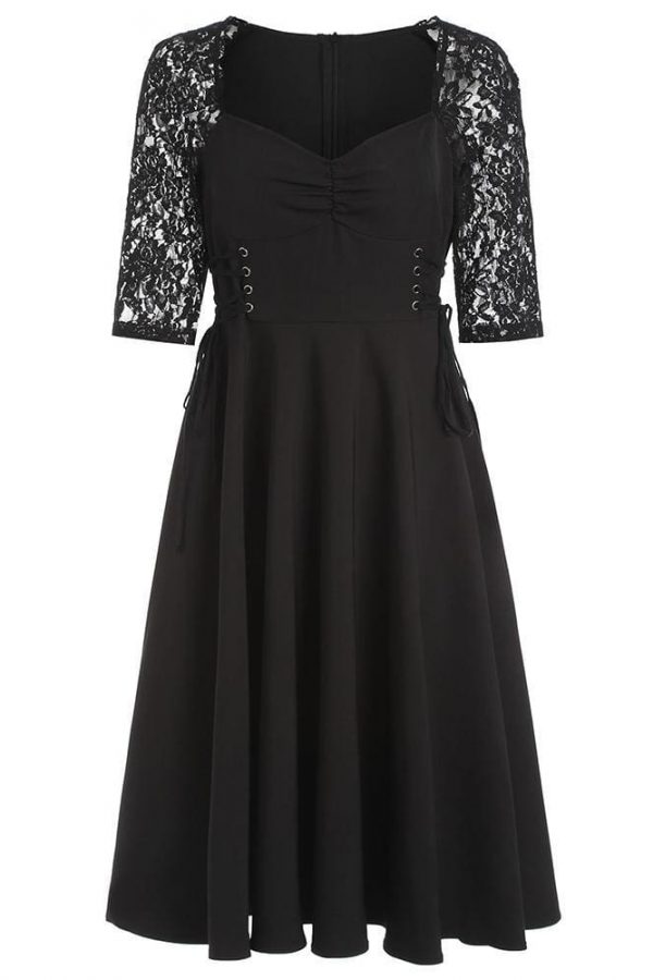 The Best Criss Cross Lace Sleeve Retro Flare Dress Online - Source Silk